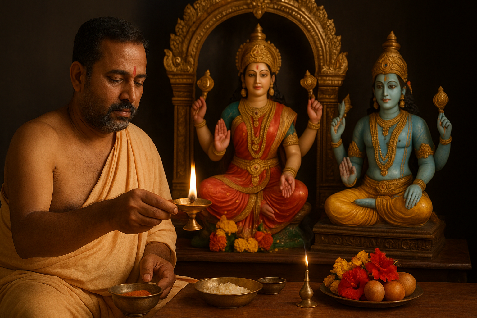 A priest performing a traditional Hindu ritual with devotion.